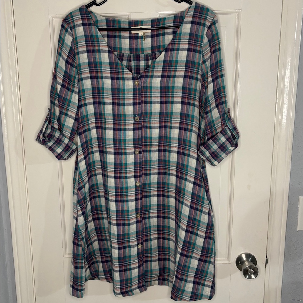 entro Teal & Purple Plaid Midi Dress w/ Pockets